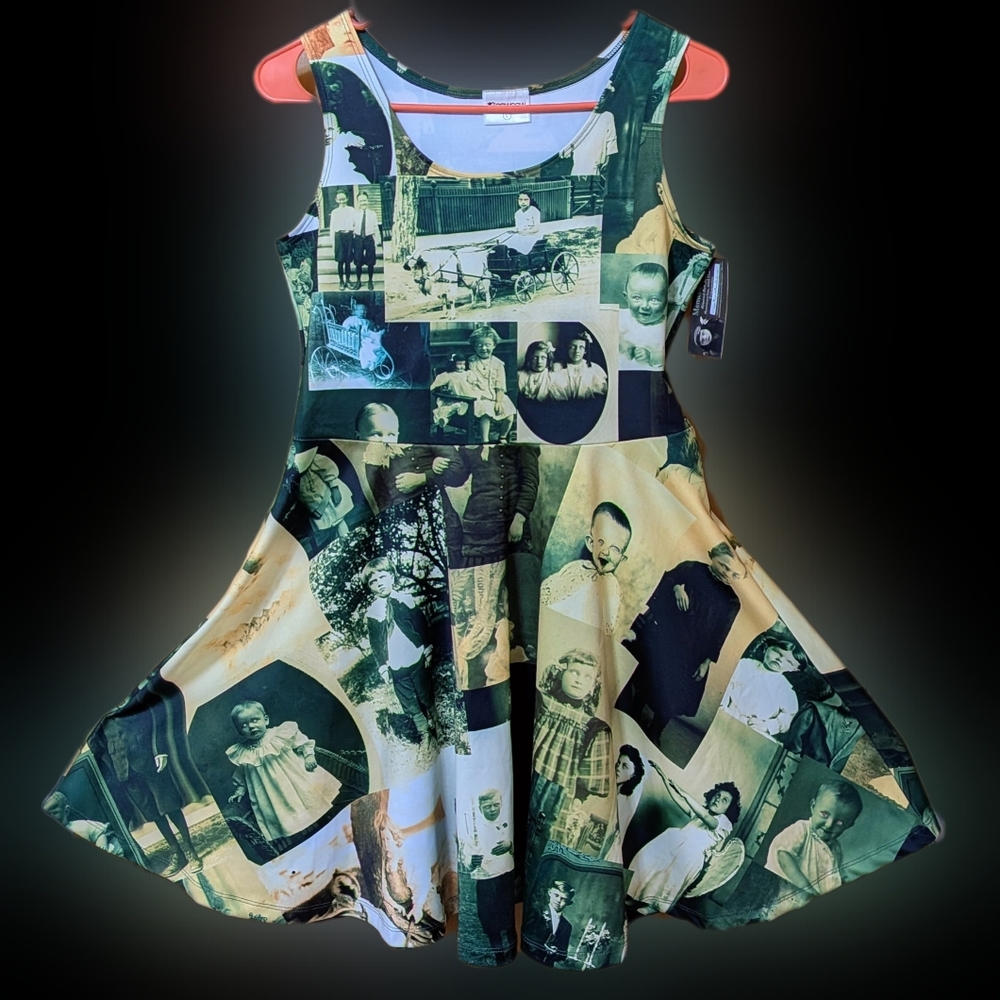 Cowcow Women's Haunted Portraits Fit Flare Dress Scoop Neck Stretchy Size Large